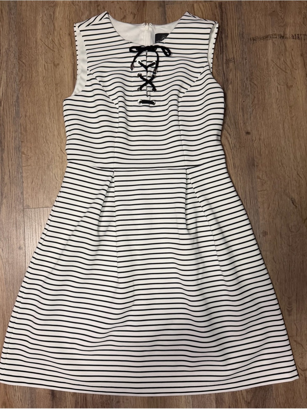 Adrianna Papell White & Black Striped Lace-Up Fit and Flare Dress